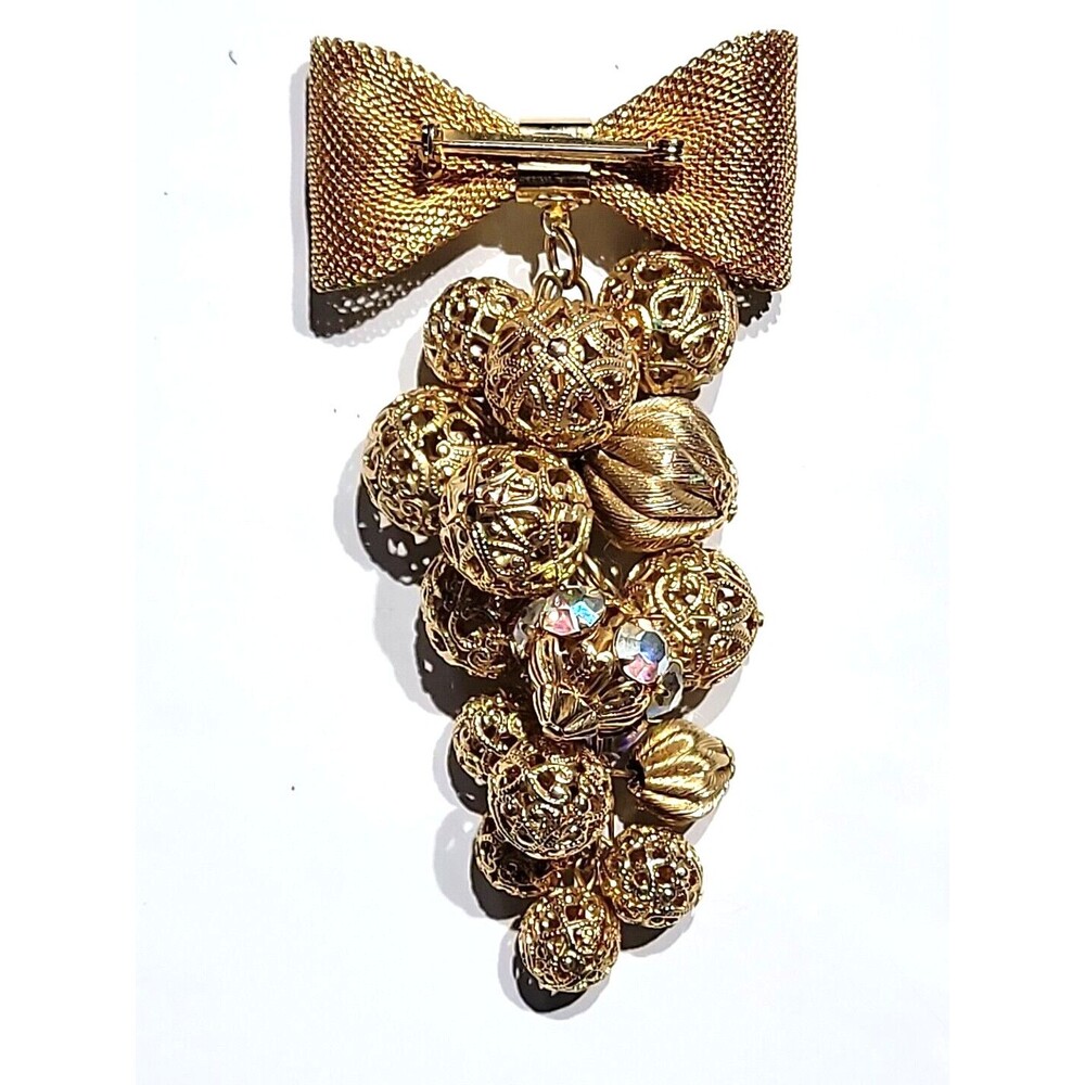 Miriam Haskell Bow Gold Grape Cluster Dangle Broo… - image 4